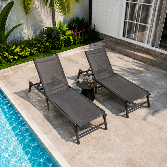 KAMEROUT Patio Chaise Lounge Chair Set of 2, Outdoor Lounge Chairs with 5-Position Adjustable Backrest for Poolside, Deck, Backyard
