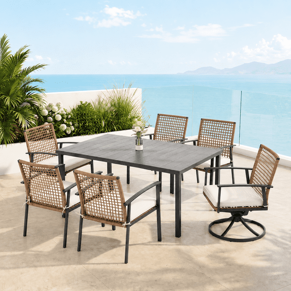 KAMEROUT Patio Dining Set, 7-Piece Outdoor Wicker Furniture with Rectangular Table and 4 Fixed Chairs & 2 Swivel Chairs, Brown