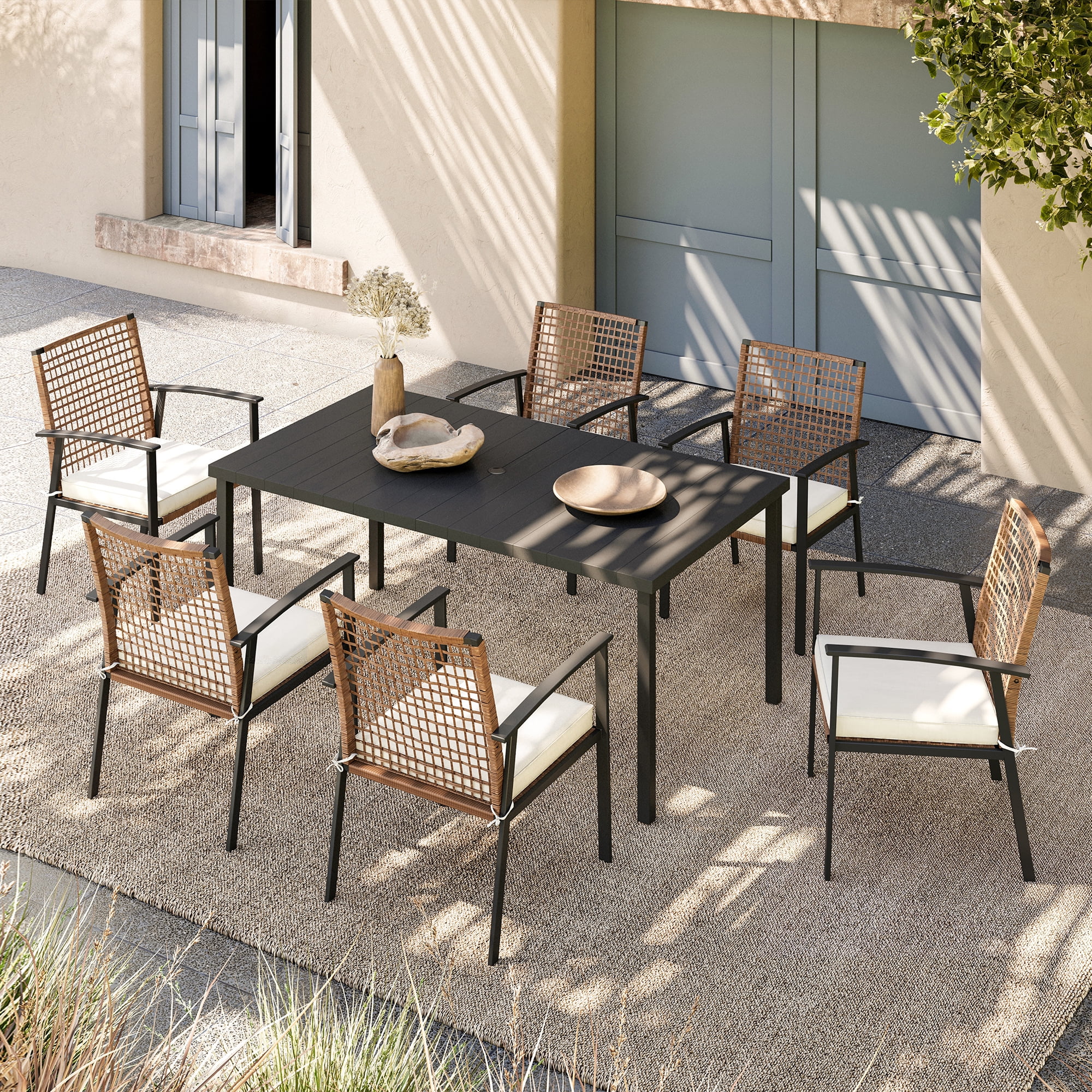 KAMEROUT Patio Dining Set, 7-Piece Outdoor Wicker Furniture with Rectangular Table and 6 Chairs, Brown