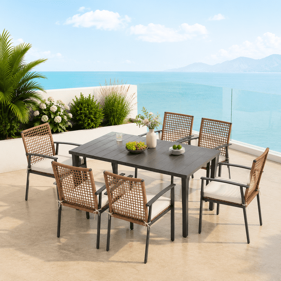 KAMEROUT Patio Dining Set, 7-Piece Outdoor Wicker Furniture with Rectangular Table and 6 Chairs, Brown