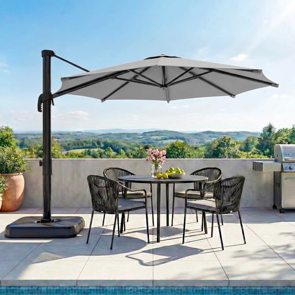 KAMEROUT 10ft Patio Umbrella, Outdoor Offset Cantilever Umbrellabrella with 360° Rotation, UPF 50+ Waterproof Sun Shade with 8 Reinforced Ribs for Backyard, Pool, Garden,Gray