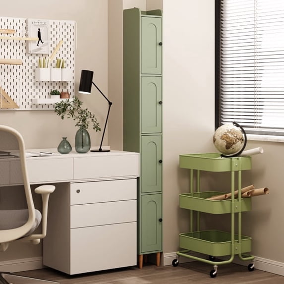 KAMEROUT Tall Narrow Storage Cabinet, Slim Bathroom Storage Organizer with Adjustable Shelves & 4 Leveling Feet, Freestanding Cabinet for Small Spaces, Kitchen, Living Room, Green