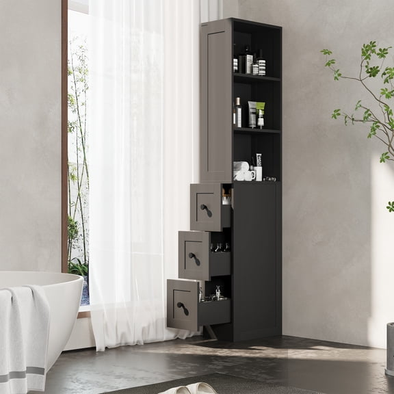KAMEROUT Tall Slim Storage Cabinet with 2 Adjustable Shelves & 3-level Drawers for Bathroom, Kitchen, Black