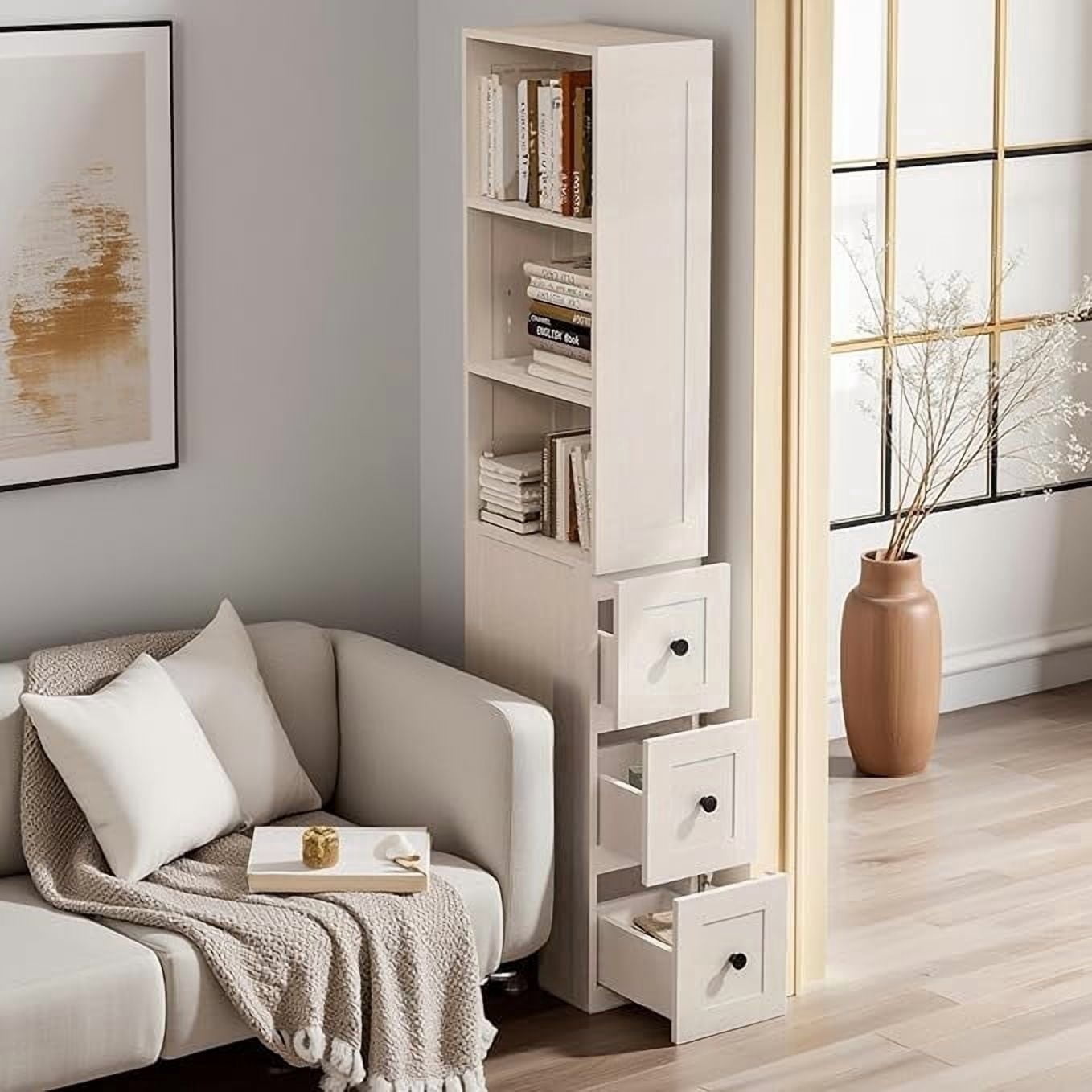 KAMEROUT Tall Slim Storage Cabinet with 2 Adjustable Shelves & 3-level Drawers for Bathroom, Kitchen, White