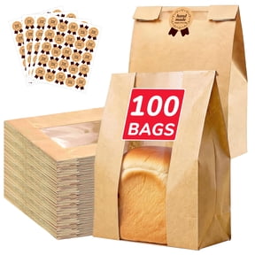 KAMIDA 100 Packs Large Paper Bread Bags,Windowed Sourdough Bread Bags,Large Kraft Paper Bakery Bag with Window for Baked Food Packaging Storage with 100 Pcs Love sticker
