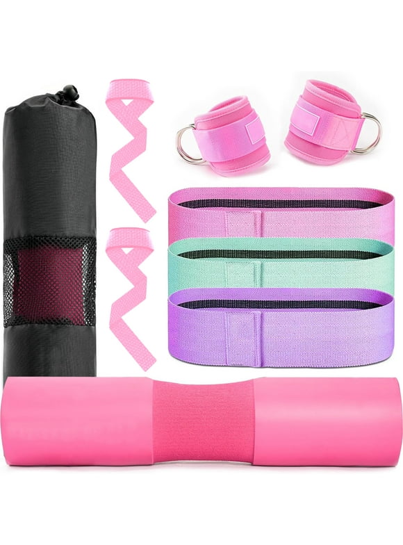 KAMIDA 11 PCS Barbell Pad Set,Barbell Squat Pad for Hip Thrusts, Lunges, Leg Day with 2 Gym Ankle Straps, 3 Hip Resistance Bands, 2 Lifting Strap, 2 Barbell Clip, Barbell Pad and Carry Bag, Pink,Women