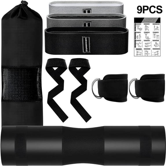 KAMIDA 9 Pcs Barbell Pad Set, Barbell Squat Pad for Hip Thrusts, Lunges, Leg Day with 2 Gym Ankle Straps, 3 Hip Resistance Bands, 2 Lifting Strap, Barbell Pad and Carry Bag, Black
