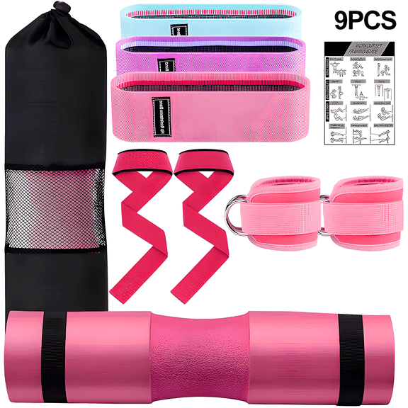 KAMIDA 9 Pcs Barbell Pad Set, Barbell Squat Pad for Hip Thrusts, Lunges, Leg Day with 2 Gym Ankle Straps, 3 Hip Resistance Bands, 2 Lifting Strap, Barbell Pad and Carry Bag,Pink