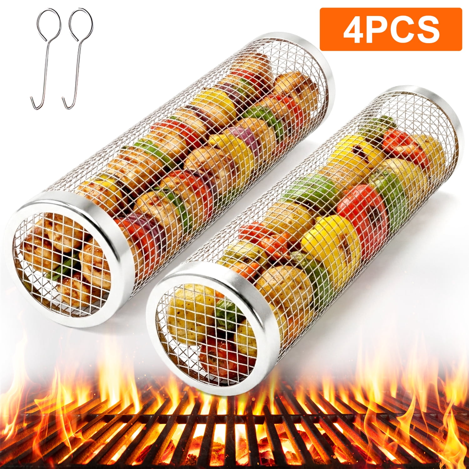 KAMIDA BBQ Rolling Grilling Baskets set for Outdoor, Grill Bbq Net Tube Stainless Steel Large Round Mesh Barbecue Cylinder Cage Cooking Accessories for Veggies 
