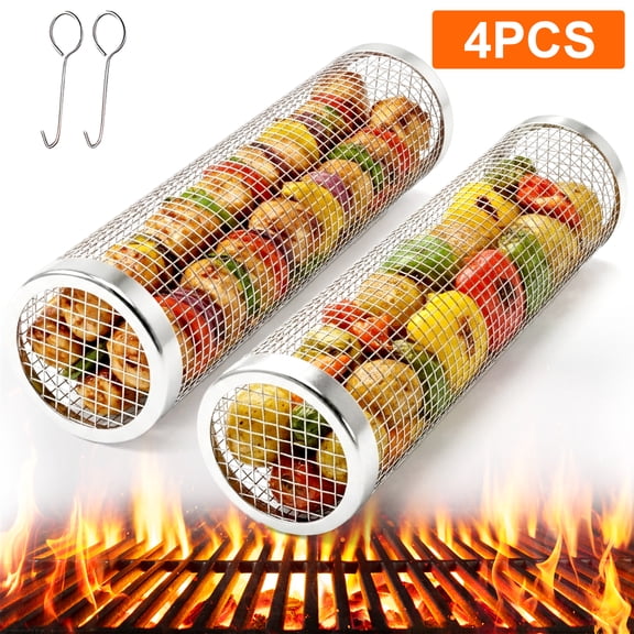 KAMIDA BBQ Rolling Grilling Baskets set for Outdoor, Grill Bbq Net Tube Stainless Steel Large Round Mesh Barbecue Cylinder Cage Cooking Accessories for Veggies Vegetable Fish Camping