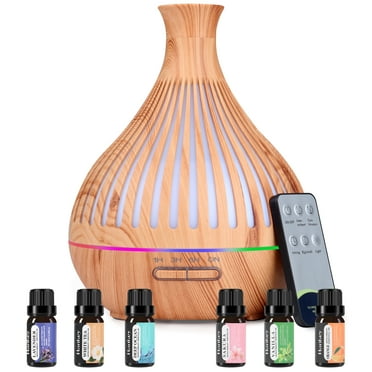 KAMIDA Essential Oil Diffuser 500ML with 6*10ml Essential oil, Ultrasonic Diffuser with Remote Control & Timer, Humidifier,Auto-Off Diffuser with 7 Colors Lights for Bedroom, Home Office Room, Brown