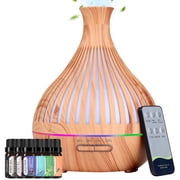 KAMIDA 500ml oil Diffuser with 6*10ml Essential Oil with Remote,Oil Air Humidifier Vaporizer with 7 Colors Lights for Large Room , Home, Office for Gift, Brown