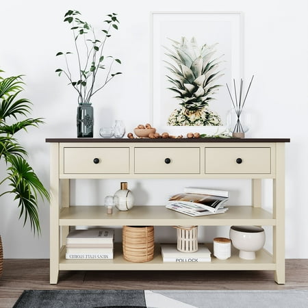 KAMIDA Storage Console Table, Modern Console Table with 3 Drawers and 2 Shelves, Rectangular Buffet Sideboard, Wooden Storage Table, Distressed Console Table for Kitchen Living Room Entryway, Beige