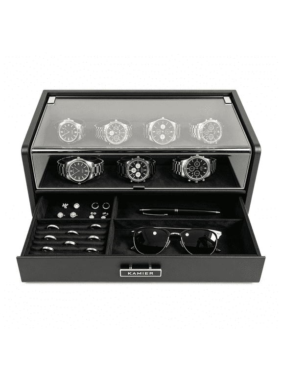 7-Compartment Watch Box, PU Leather Watch Display Case with Glass Lid & Drawer, Multi-Purpose Storage Organizer for Watches, Glasses, and Jewelry, Black
