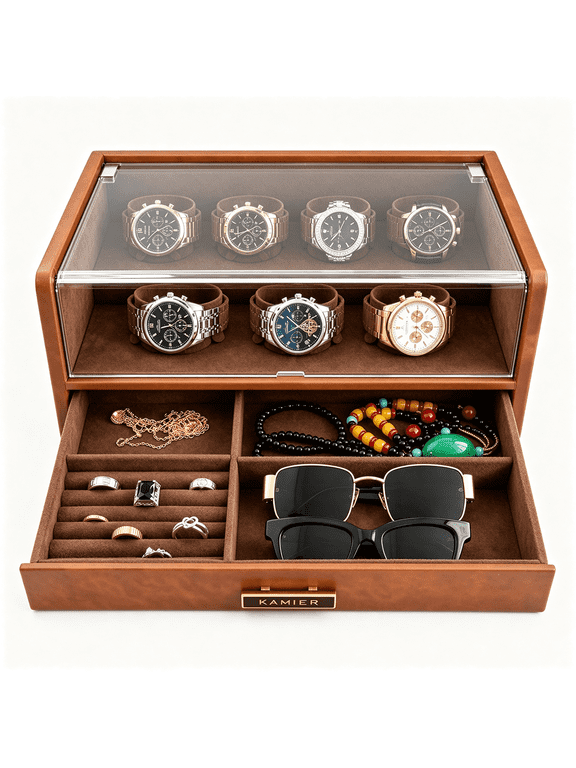 7-Compartment Watch Box, PU Leather Watch Display Case with Glass Lid & Drawer, Multi-Purpose Storage Organizer for Watches, Glasses, and Jewelry, Brown
