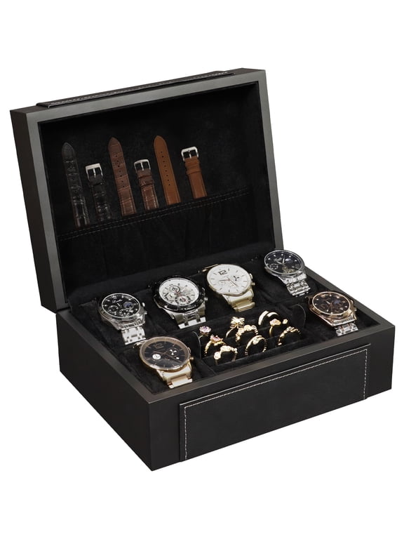 Luxury 6-Slot Watch Storage Case with Jewelry Compartment, Velvet-Lined Watch Organizer, Unisex Gift for Watch Enthusiasts