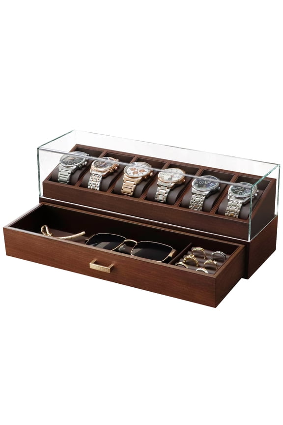 Walnut Wooden Watch Display Box,6 Slots 2-Layer Jewelry Organizer with Clear Glass Lid,Complete with Gift Box,Ideal Present for Men Watch Enthusiasts