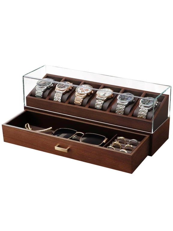 Walnut Wooden Watch Display Box,6 Slots 2-Layer Jewelry Organizer with Clear Glass Lid,Complete with Gift Box,Ideal Present for Men Watch Enthusiasts