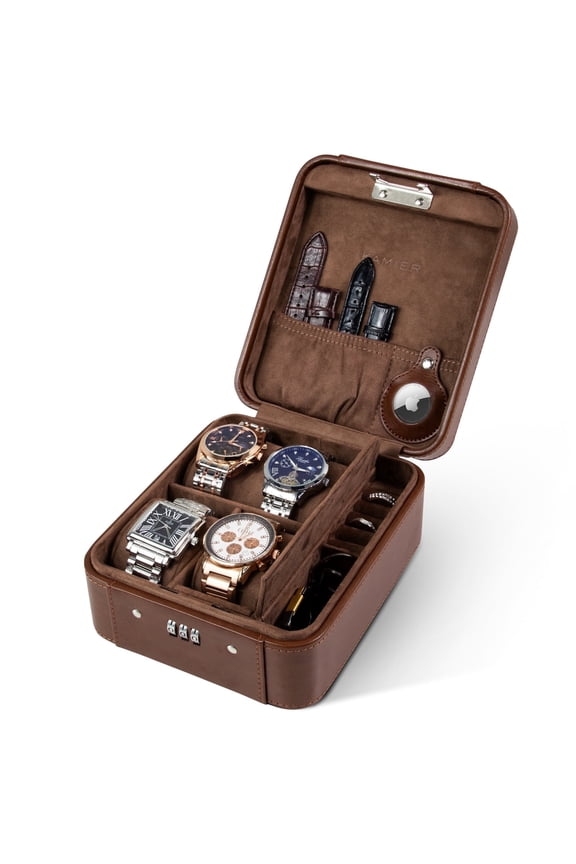 Watch Case with Combination Lock - 4 Watch Storage and Jewelry Organizer - Watch Travel Case for Ring and Watch Storage, PU Leather Travel Watch Case, Ideal for Gift (With Gift Box), Brown