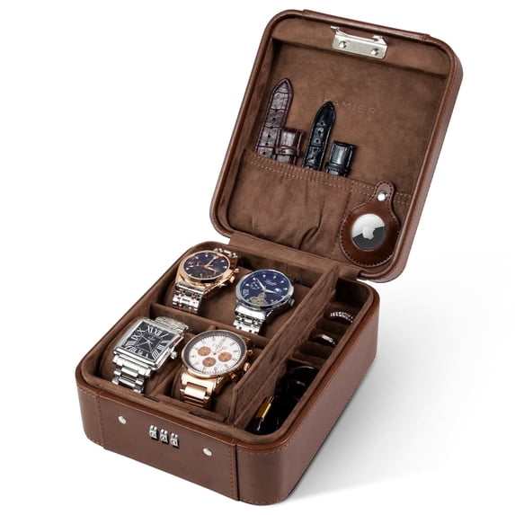 KAMIER Watch Case with Combination Lock - 4 Watch Storage and Jewelry Organizer - Watch Travel Case for Ring and Watch Storage, PU Leather Travel Watch Case, Ideal for Gift (With Gift Box), Brown