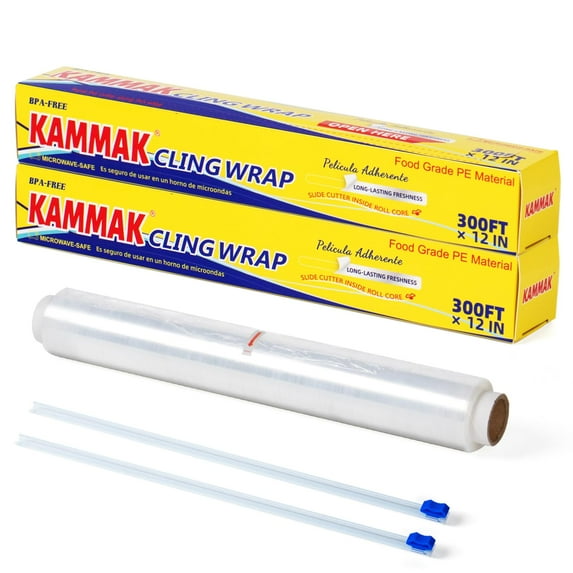 KAMMAK Plastic Wrap with DEF29 Slide Cutter Food Cling Wrap 12 Inch Kitchen Cling Film BPA-Free Microwave-Safe 300 Ft Roll Food Service Film Quick Cut for Restaurant (2 Pack)