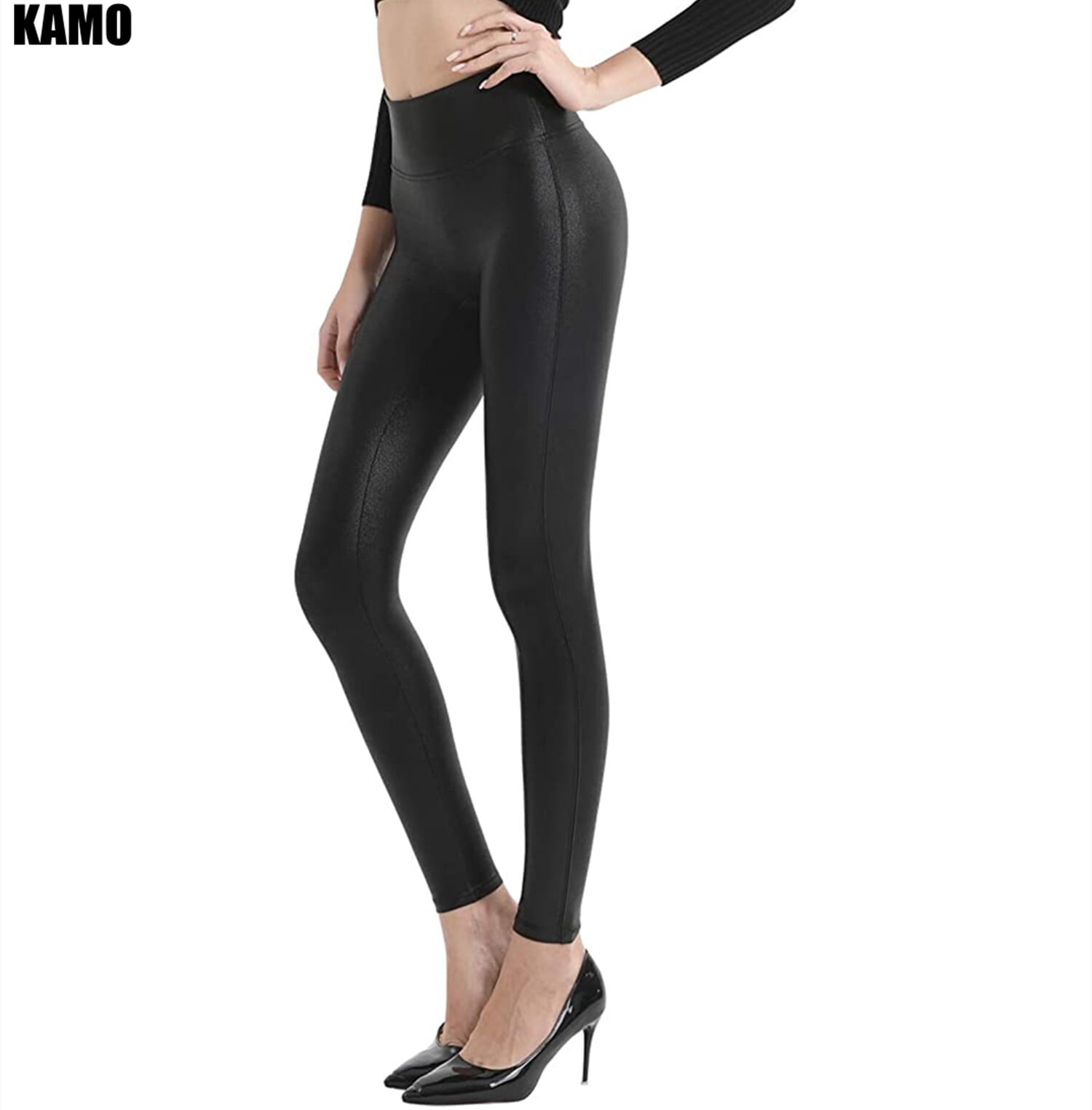 KAMO Women'Plus Size Black Faux Leather Cropped Pants Leather