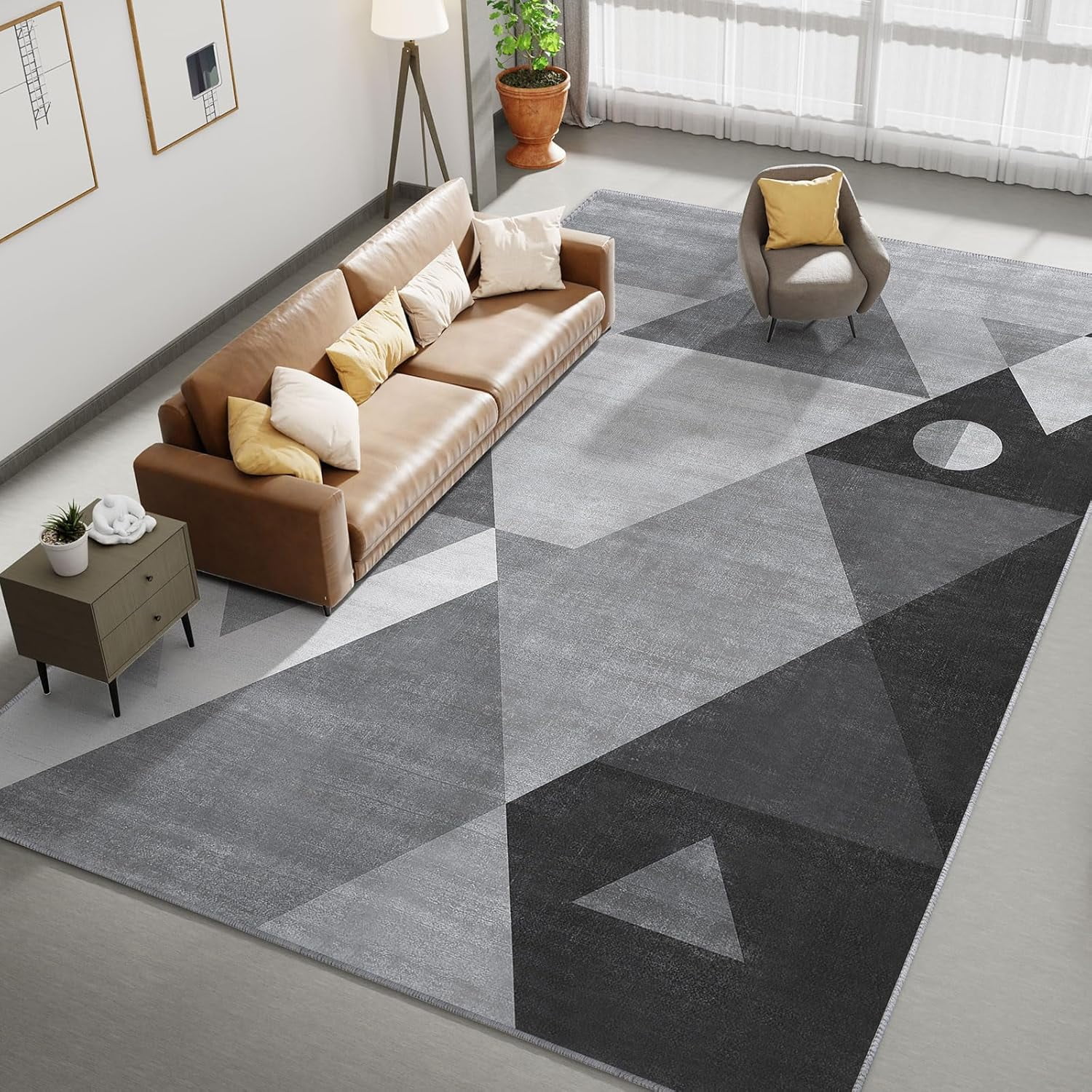 Gray and White Geometric Washable Synthetic Area Rug 9'x12'