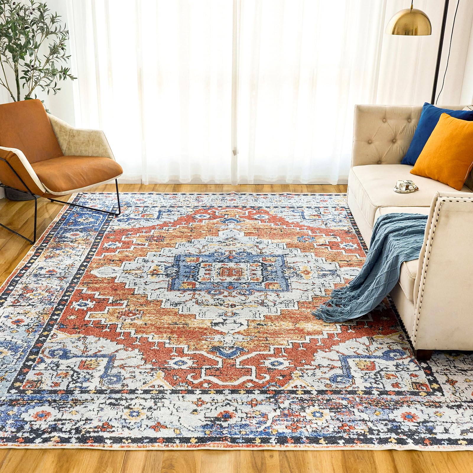 Vintage Boho 4' x 6' Blue and Orange Synthetic Area Rug