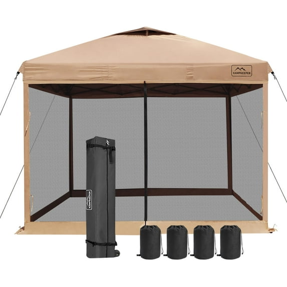 KAMPKEEPER 10x10ft Pop Up Canopy Tent with Mesh Side Walls,4 Sandbags,1 Roller Bag(Kahaki Vented Top)