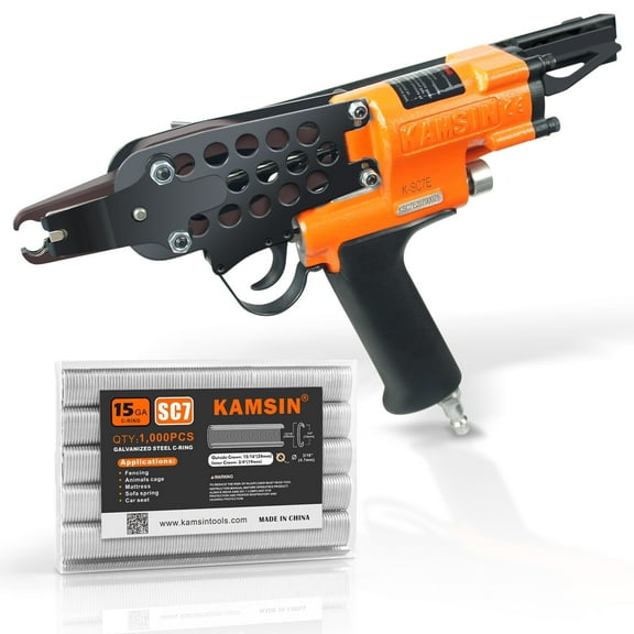 KAMSIN K-SC7E 15 Gauge Air C-Ring Staple Gun 3/4'' Crown Pneumatic Hog Ring Stapler Kit, with 1,000PCS Galvanized Staples,4.8~8mm Closed Diameter. For Fencing, Spring Mattress, Wire Cages.