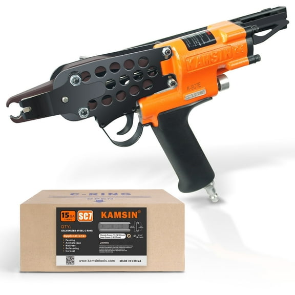KAMSIN K-SC7E Hog Ring Staple Gun, 15 Gauge Air C-Ring Staple Gun with 10,000PCS Galvanized Staples, 4.8~8 mm Closed Diameter