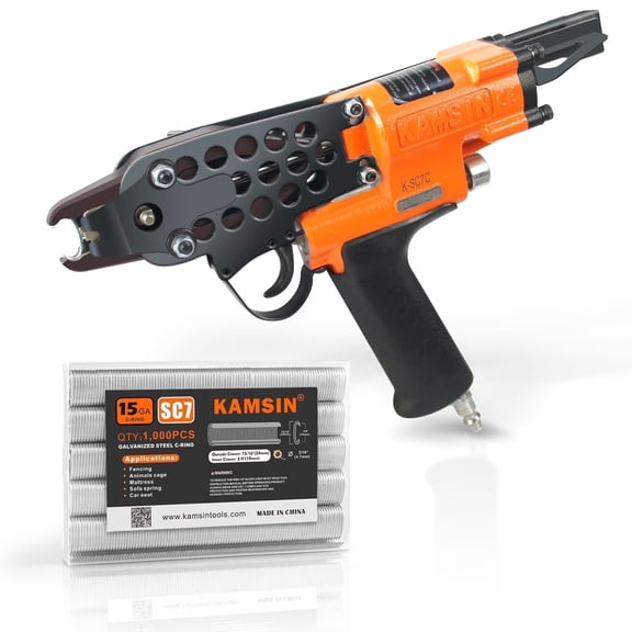 15 Gauge C-Ring Staple Gun, 3/4" (19mm) Crown, 4.8mm Closure, Auto Feed Pneumatic Staple Gun for Wire Cage, Furniture, Bedding, Fencing