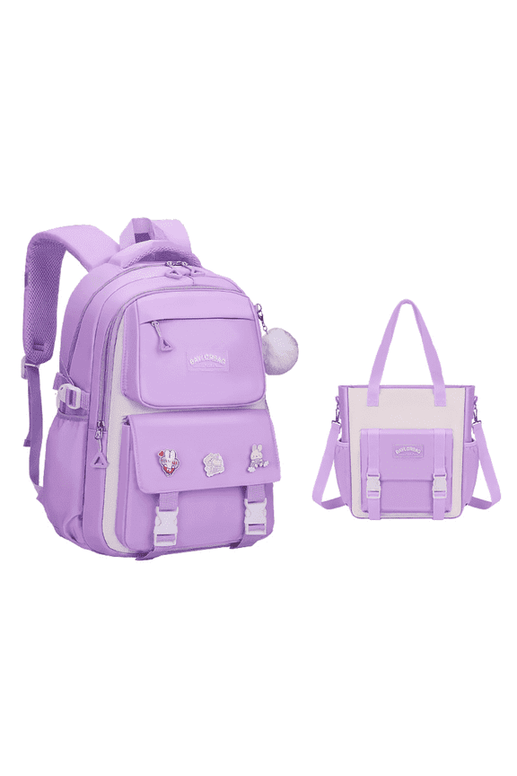 Backpack for Girls with Tote Bag,Bookbag and Shoulder Bag for Teenager，Purple Backpack L