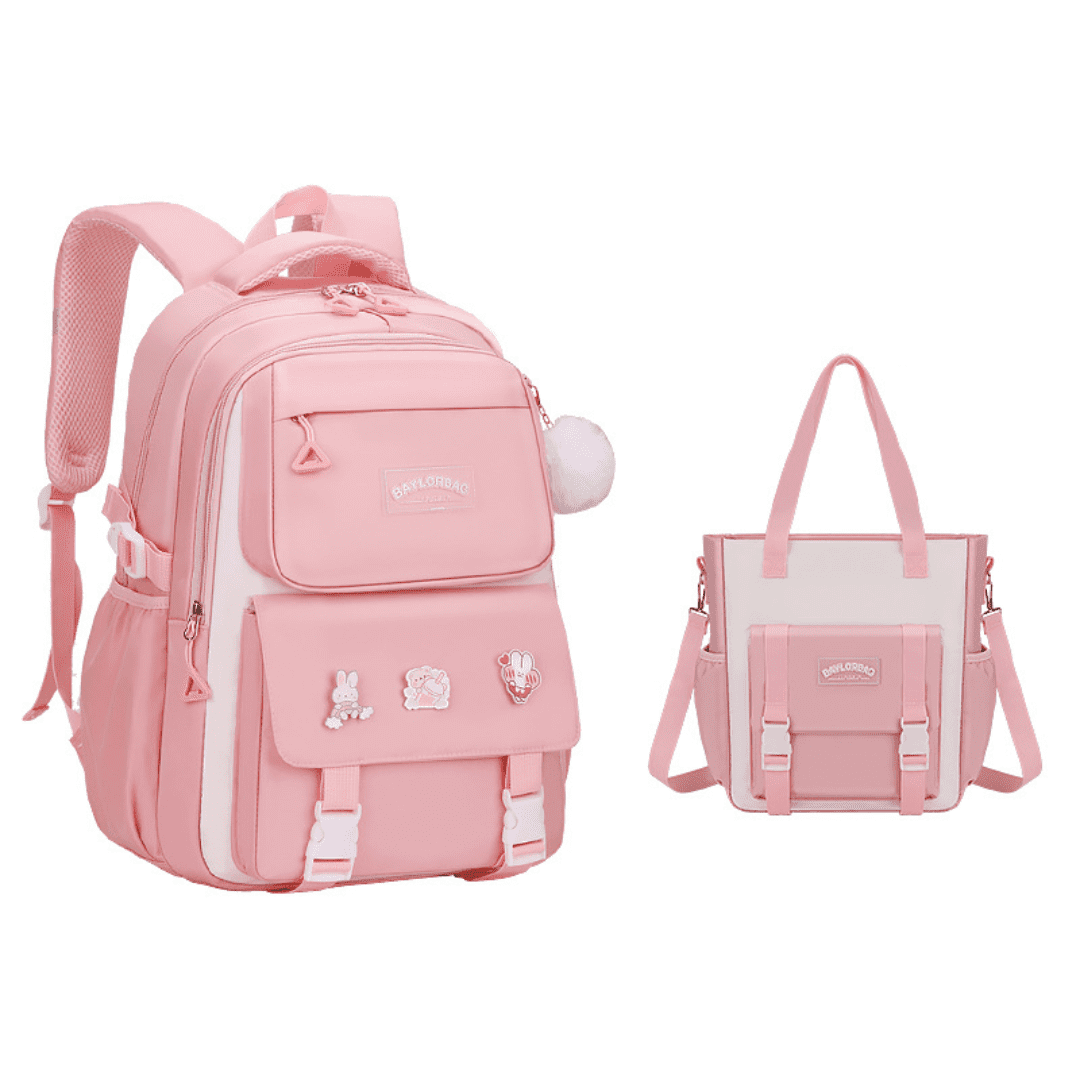 KAMUGO Girls Backpack, 2pcs Sets Kids Backpack for Girls with Anti-theft Back Pocket, Lightweight School Bookbag Water Resistant Tote Bag for Elementary Primary School, Pink S