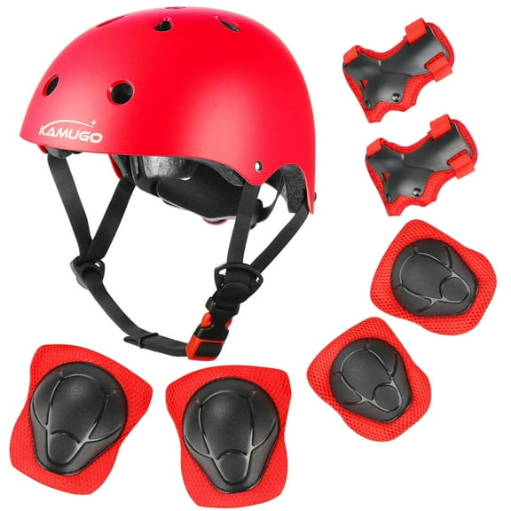 KAMUGO Helmets for Kids ,Kids Bike Helmet Knee Pad Elbow Pads ,Red