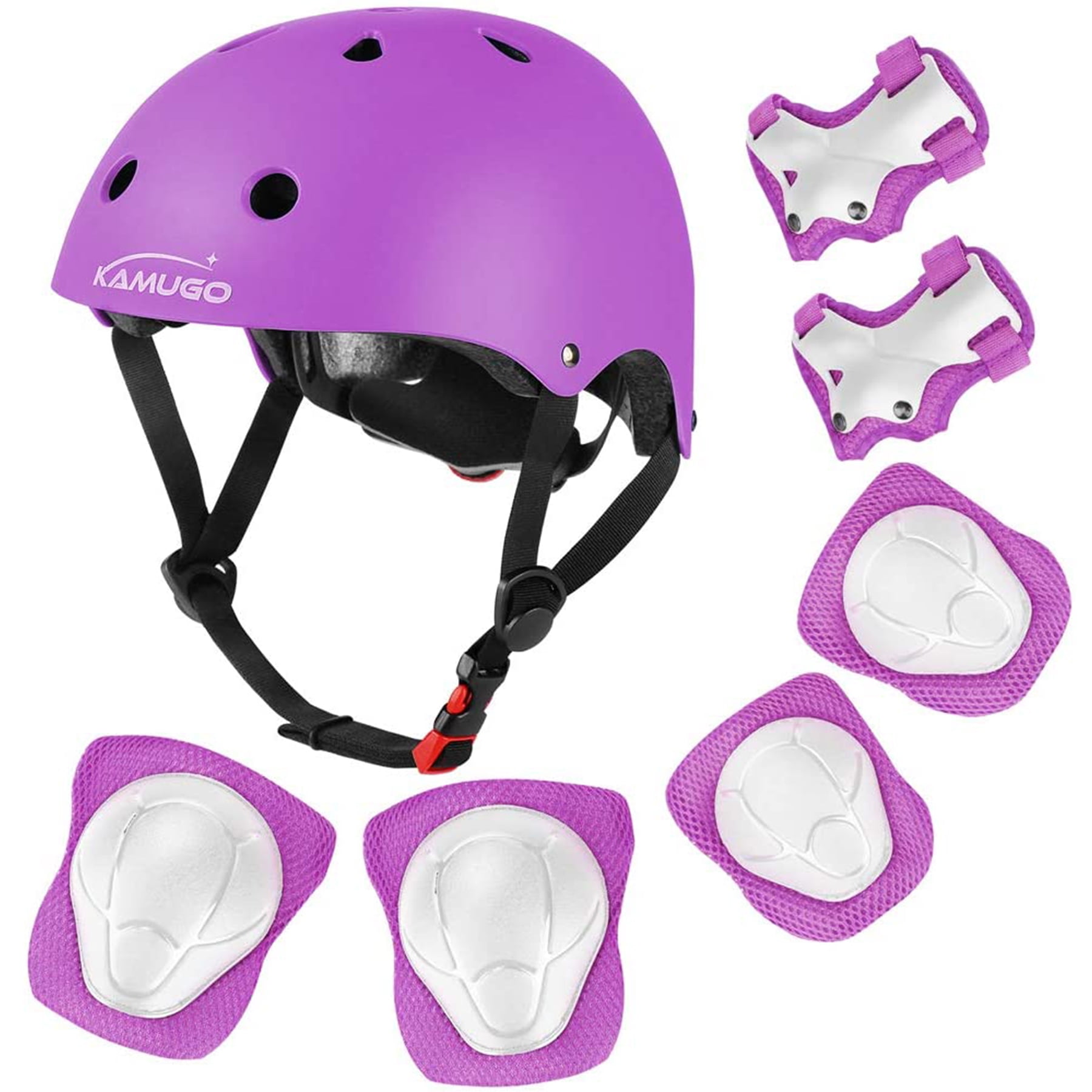 KAMUGO Helmets for Kids Set，Cycling Purple Helmet with Knee Pads, Elbow