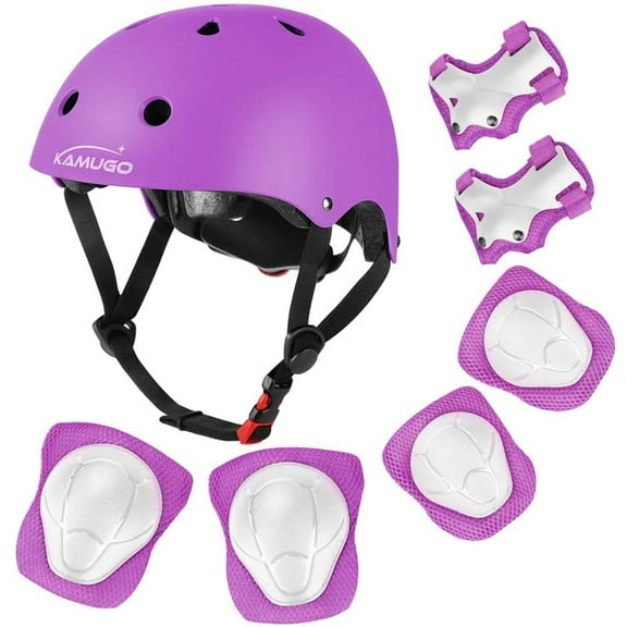 KAMUGO Helmets for Kids Set,Cycling Purple Helmet with Knee Pads, Elbow Pads and Wrist Guards for Toddlers Skateboard