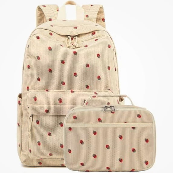 KAMUGO School Backpack Set for Kid Teen Girls,Elementary Grade 1-4 School Bookbags with Lunch Bag,Corduroy Lightweight College Daypack Beige Strawberry