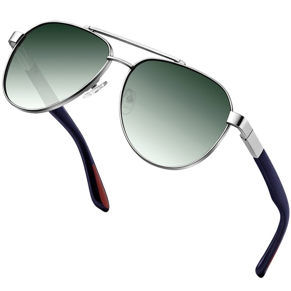 KANASTAL Aviator Sunglasses Polarized for Men Women, Sping Hinge Silver Frame Shades Sun Glasses Retro Driving Summer Vacation Beach Gradient Green Lens