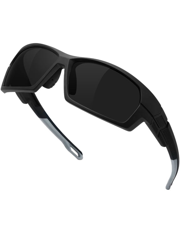 Black Sports Sunglasses Mens Wrap Around Polarized Womens Rectangular TR90 Curved Running Cycling Golf Driving Fishing UV400 - Matte Black