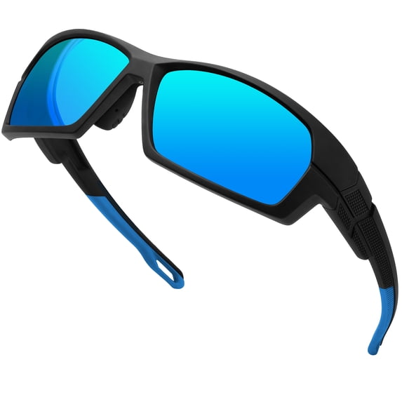 KANASTAL Blue Sports Sunglasses Mens Polarized Wrap Around Mirrored Sun Glasses Womens Rectangular Running Cycling Driving Golf UV400 Protection - Black Frame Mirrores Blue Lens