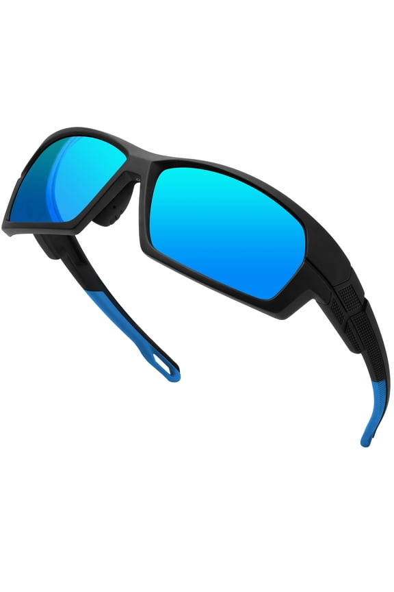 Blue Sports Sunglasses Mens Polarized Wrap Around Mirrored Sun Glasses Womens Rectangular Running Cycling Driving Golf UV400 Protection - Black Frame Mirrores Blue Lens