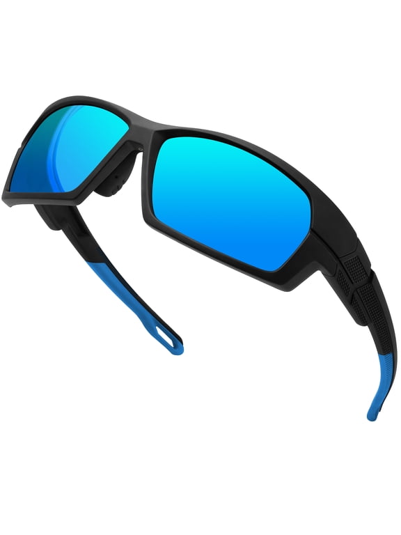 Blue Sports Sunglasses Mens Polarized Wrap Around Mirrored Sun Glasses Womens Rectangular Running Cycling Driving Golf UV400 Protection - Black Frame Mirrores Blue Lens