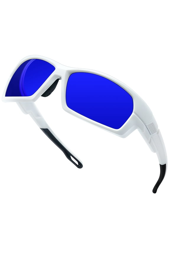 Blue Sports Sunglasses Mens Polarized Wrap Around Mirrored Womens Rectangular Running Cycling Driving Golf UV400 Protection - White Frame Deep Blue Lens