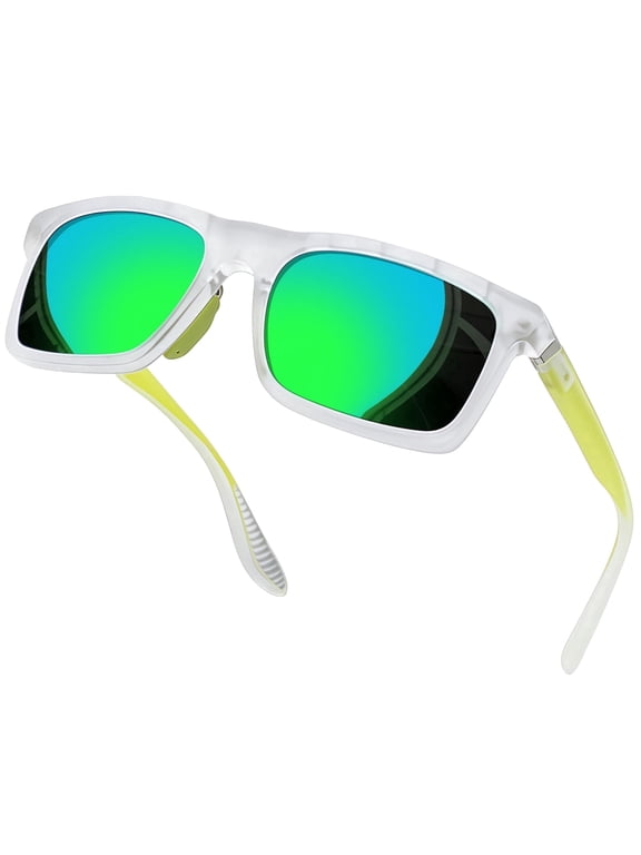 Fashion Square Sunglasses for Women & Men - Polarized Wide Frame Shades, Lightweight Comfort Fit, 100% UV Blocking, Retro Modern StyleTransparent Frame Mirrored Green Lens