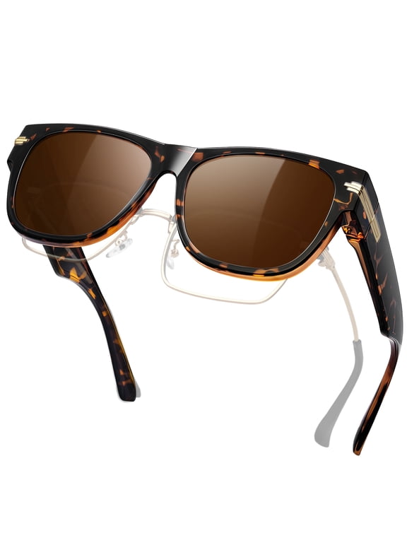Fit over Glasses Sunglasses for Women Polarized Brown Lens Amber Frame Big Square Sunglasses over Glasses Men Trendy Square Shades for Driving