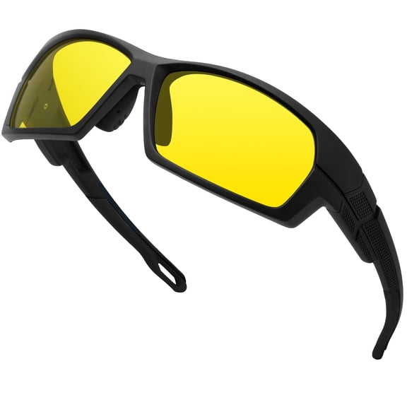 KANASTAL Night Cycling Glasses Mens Sports Anti Glare Night Driving Womens Curved WrapAround Headlight Running UV400 - Black Frame Yellow Lens