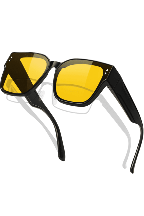 Night Driving Glasses Fit Over Women Big Yellow Tinted Night Vision Over Glasses Men Anti Reflect Astigmatism UV400 Protection(Black Frame Yellow Lens)