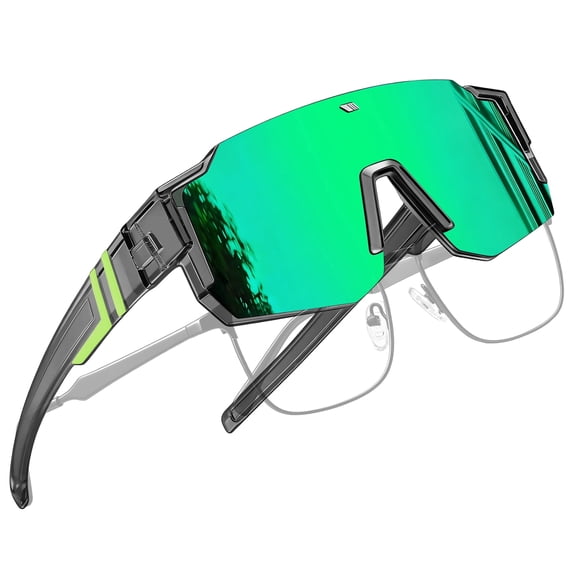 KANASTAL Over Glasses Sunglasses for Men Women Fit over Wraparound Sport Sun GLasses Cycling Mirrored Green Lens