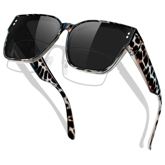 KANASTAL Oversized Sunglasses Fit Over for Women Polarized Square Wear Over Glasses Sun Glasses Men UV400 Leopard Frame Black Lens